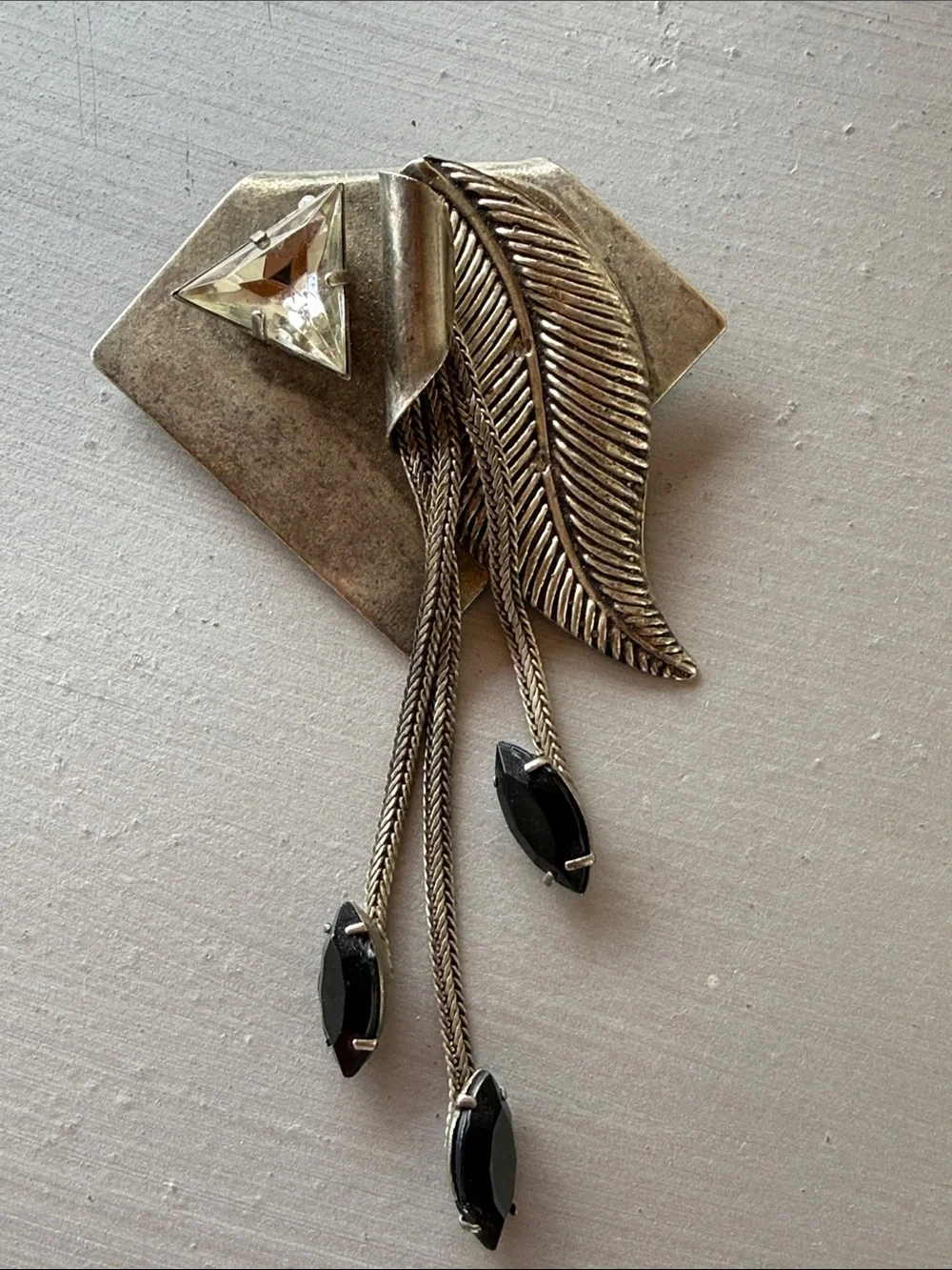 Vintage Statement Brooch — Feather & Fringe, Onyx-Look Stones, Italy Flea Market